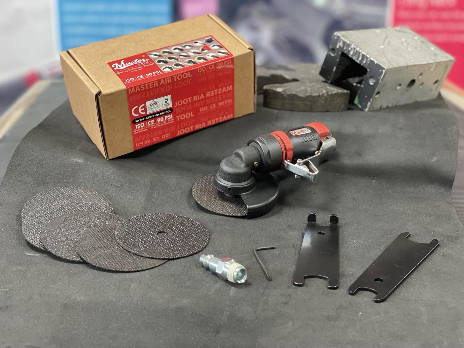 a table topped with tools and a box